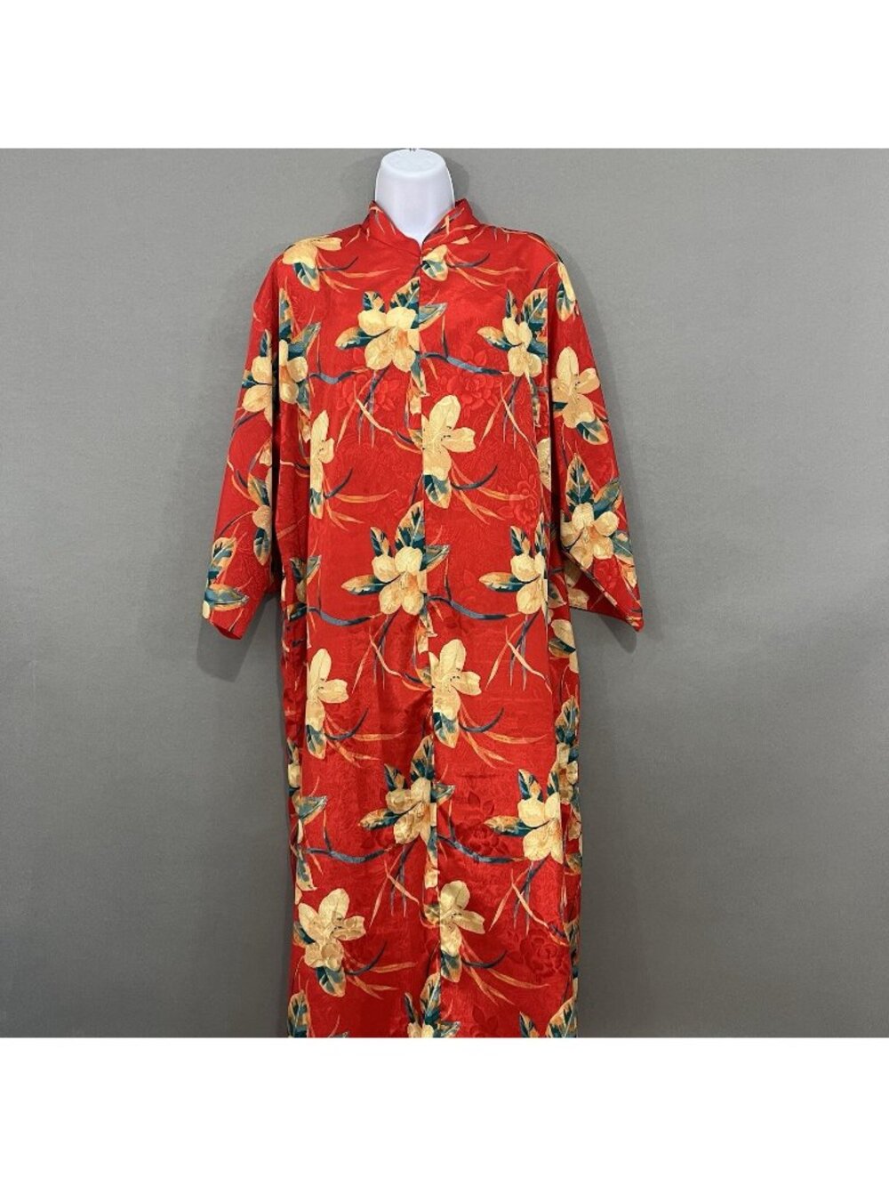 Lord & Taylor Red Floral Kaftan Zip 3/4 Sleeve Robe